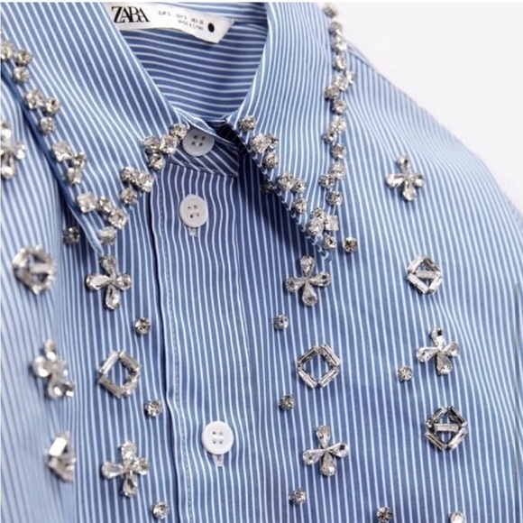 ZARA JEWEL APPLIQUÉ POPLIN STRIPE BLUE WHITE SHIRT - Picture 9 of 9